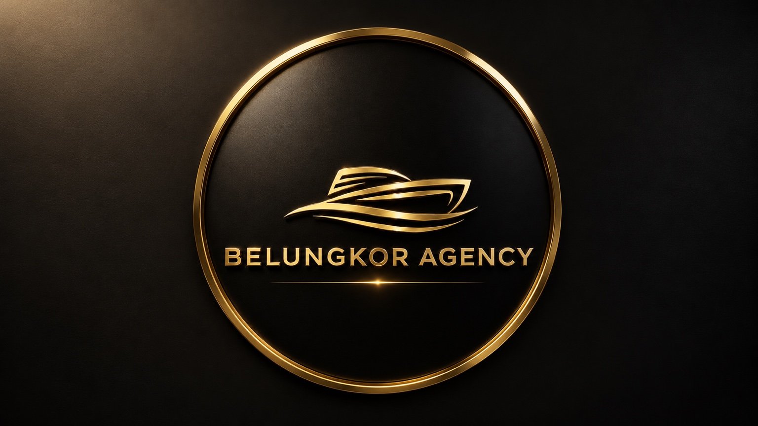 Belungkor Agency gold boat emblem and circular border on a dark background.
