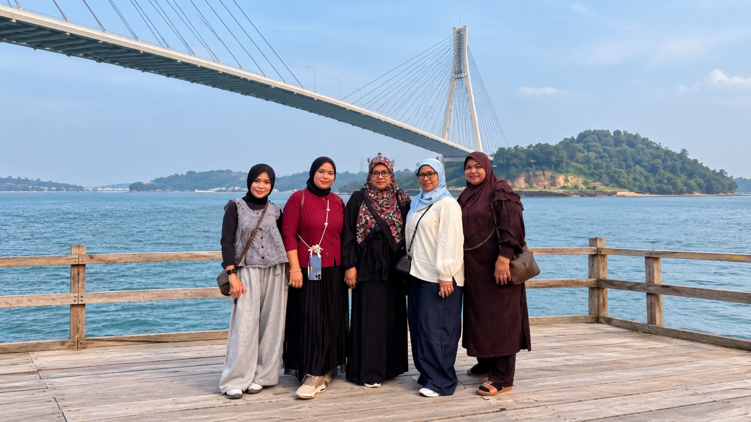 Lima tamu di dek tepi laut dekat Jembatan Barelang, Batam.