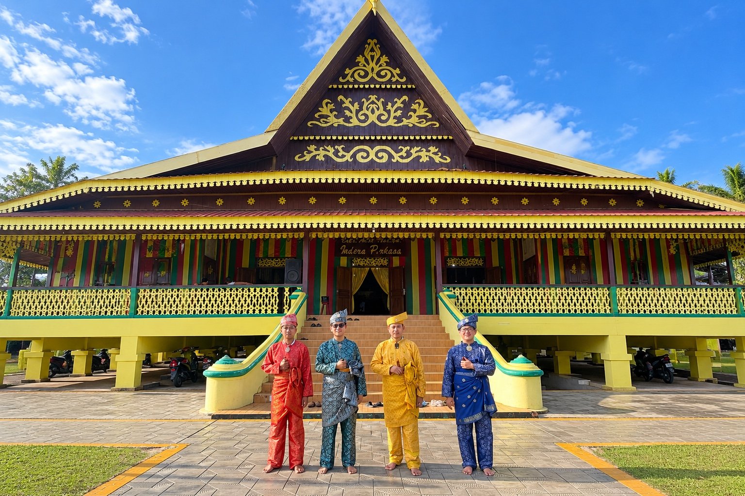 Empat tamu berpakaian tradisional di Balai Adat, Pulau Penyengat