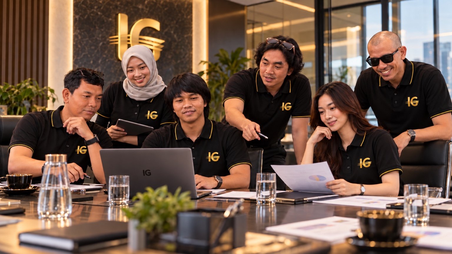 Enam anggota tim INDATU GROUP berseragam hitam emas sedang rapat mengelilingi meja