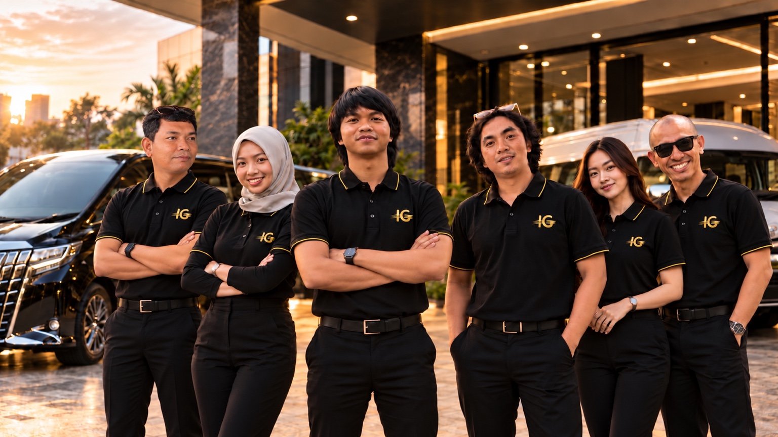 Six INDATU GROUP team members in black and gold uniforms with vehicles in the background
